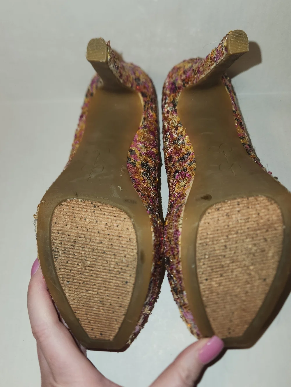 Jessica Simpson Devin 2 Pink Rose Gold Sequin Platform High Heel Pumps 8 EUC